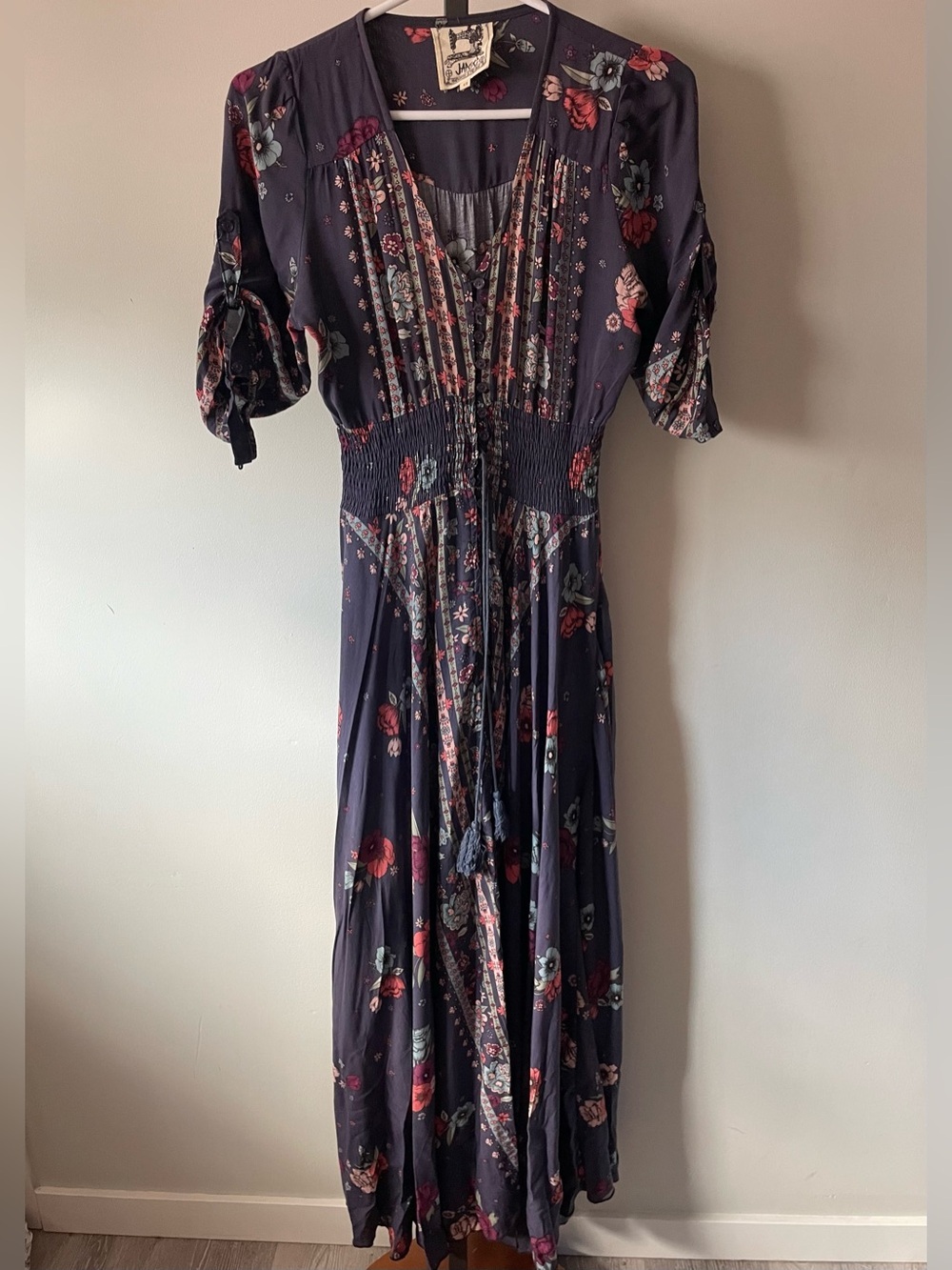 Jaase Boho Front Button Tassel Maxi Dress Paisley Prairie Cottagecore Size XS